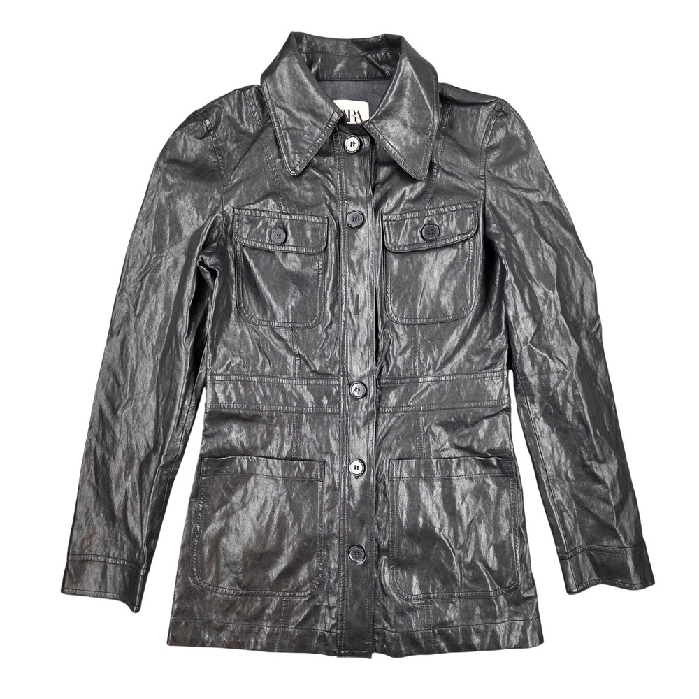 Zara Black Faux Leather Field Jacket XS Button Front Utility Coat Textured